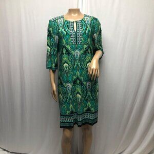 Sandra Darren Dress Womens Size 10 Green Paisley Stretchy Keyhole Shift Office